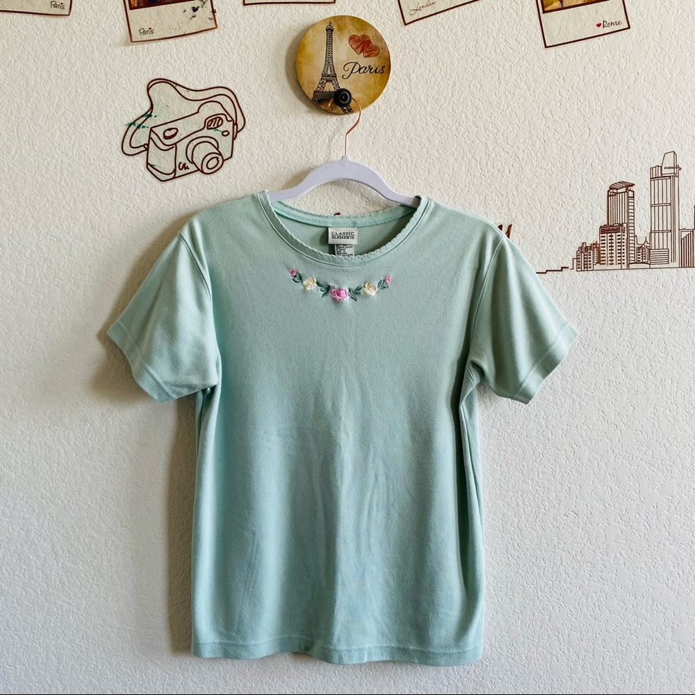 Classic Elements Green Floral Embroidered Detail Short Sleeve Top Size Small